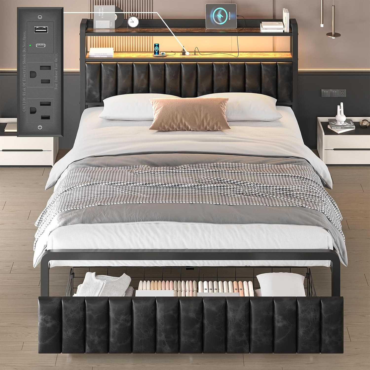 Queen Size Bed Frame and Upholstered Storage Headboard, LED Light, Black | Built