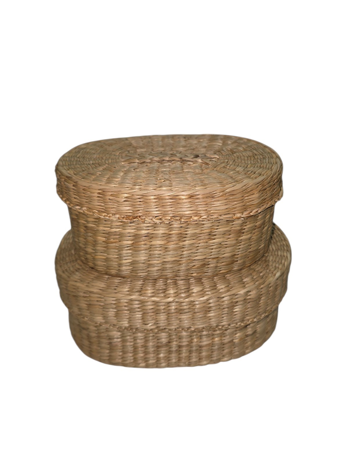 Set of 2 Woven Grass Basket Boxes Oval 7.5x5.75x3.25 & 6.5x4.75x3