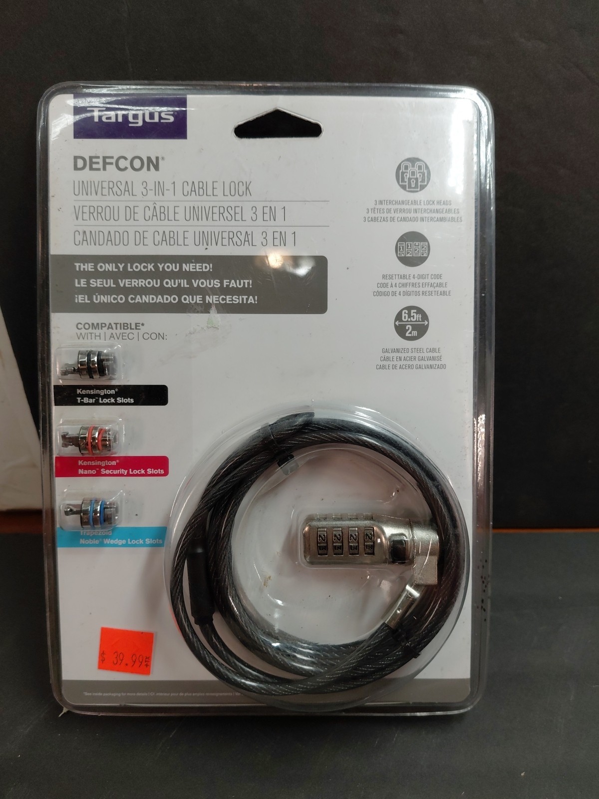 Targus Defcon 3-in-1 Universal Combo Cable Lock 6.5 Ft /2m length