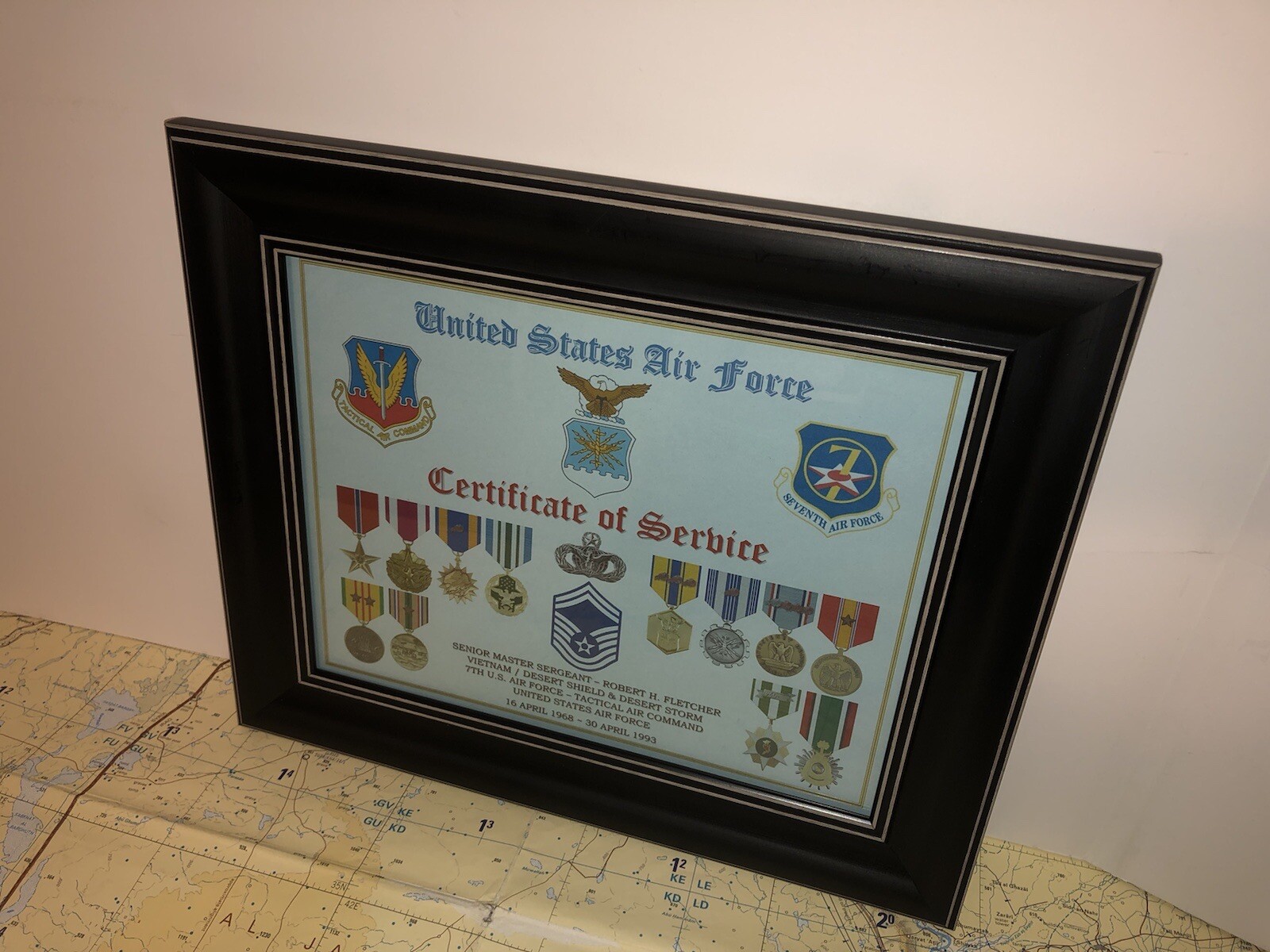 U.S. AIR FORCE CERTIFICATE OF SERVICE / SHADOW BOX PRINT / W-MEDALS