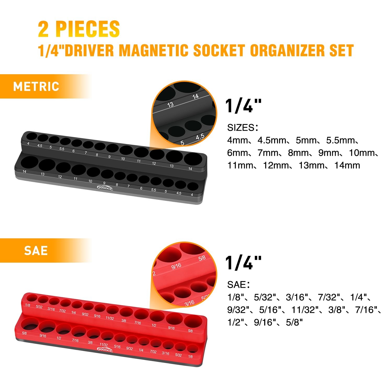 1/4" Magnetic Socket Organizer, 2 Pieces Socket Holder Metric SAE Socket Tray...