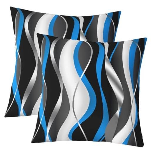 Stripes Blue Black White Throw Pillow Covers 22" x 22" (Pack of 2) Multi 38