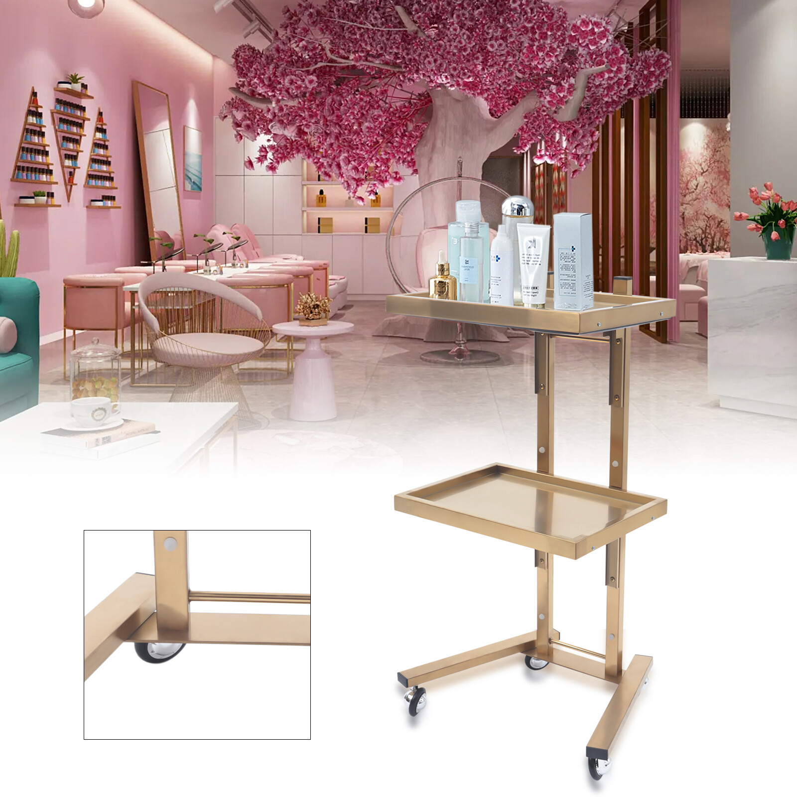 2-Tier Beauty Salon Spa Foldable Tray Trolley Rolling Utility Storage Cart Gold