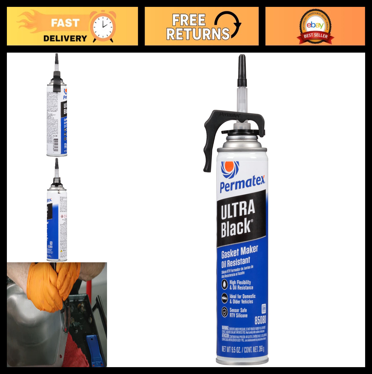 Ultra Black RTV Silicone Gasket Maker - Maximum Oil Resistance, 9.5 oz, Pack of