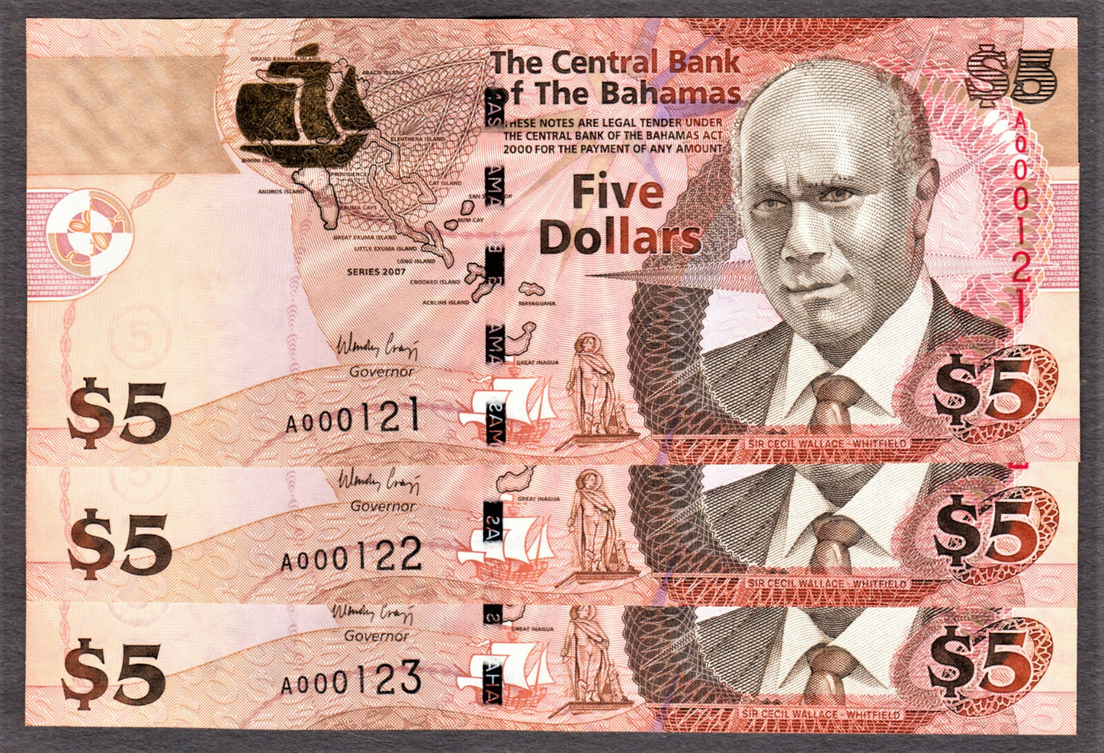 Bahamas ONE Note 5 Dollars 2007 First Prefix LOW Serial A 000123 P-72a GEM UNC