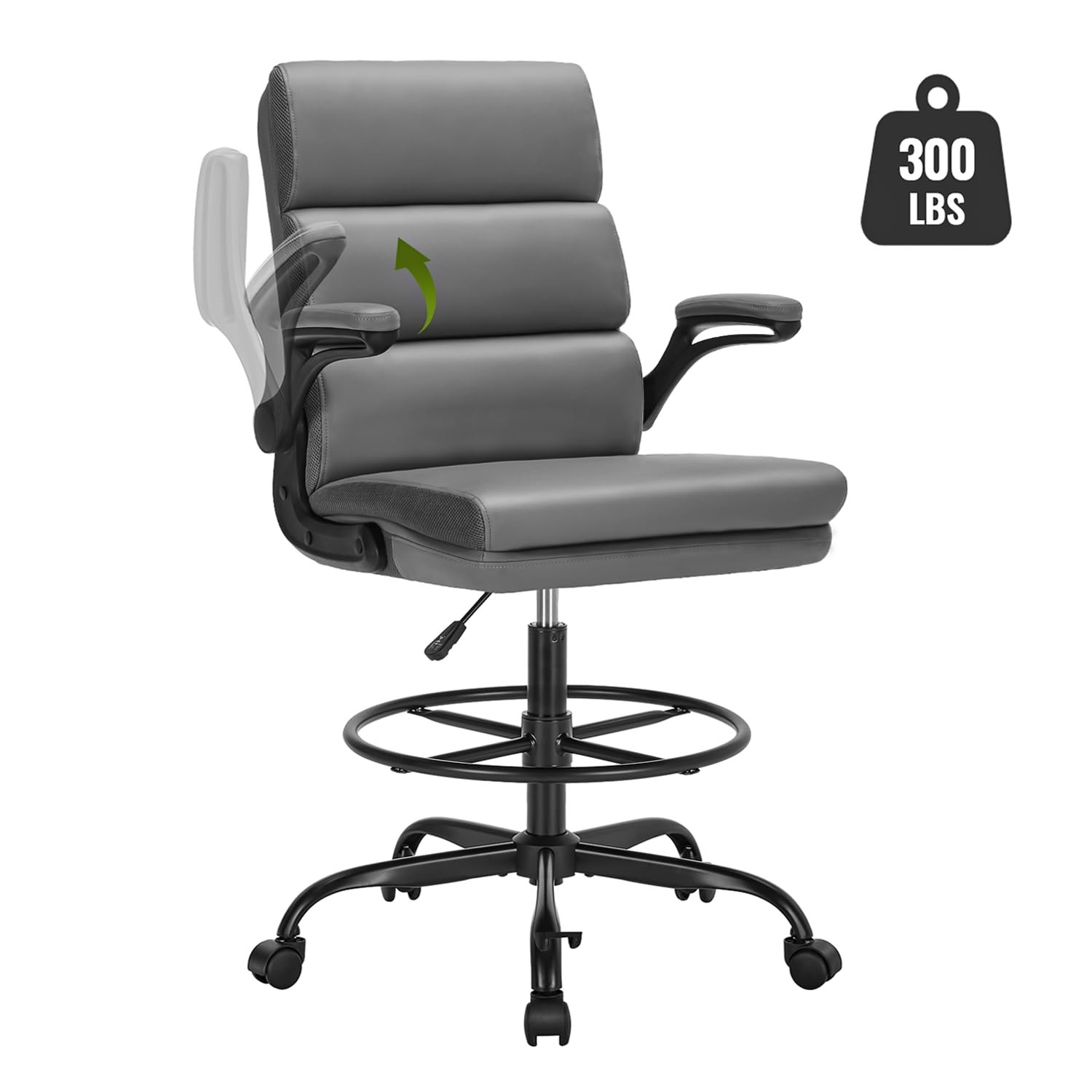 Tall Ergonomic Drafting Chair with Padded Armrests, Adjustable Footrest, Gray