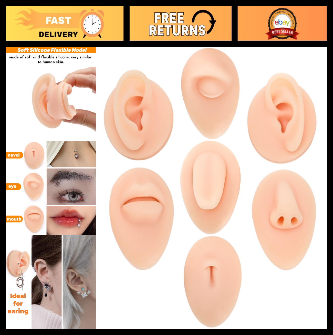 7 Pack Silicone Piercing Practice Model - Flexible 3D Body Parts Tool Kit for Ea
