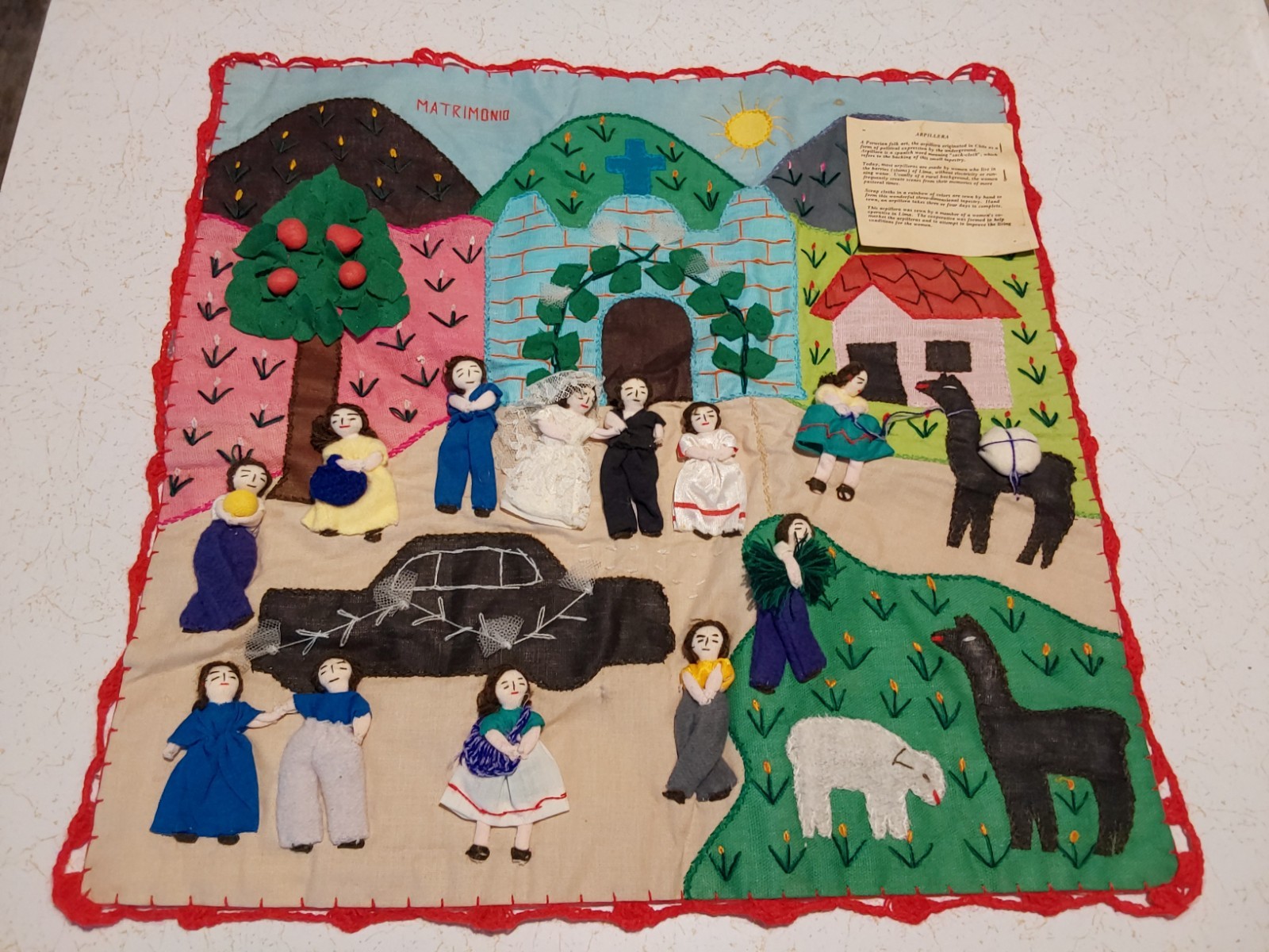 Peruvian 3-D Folk Art ARPILLERA 17 x 17 Scrap Cloth of "MATRIMONIO" by A-CH