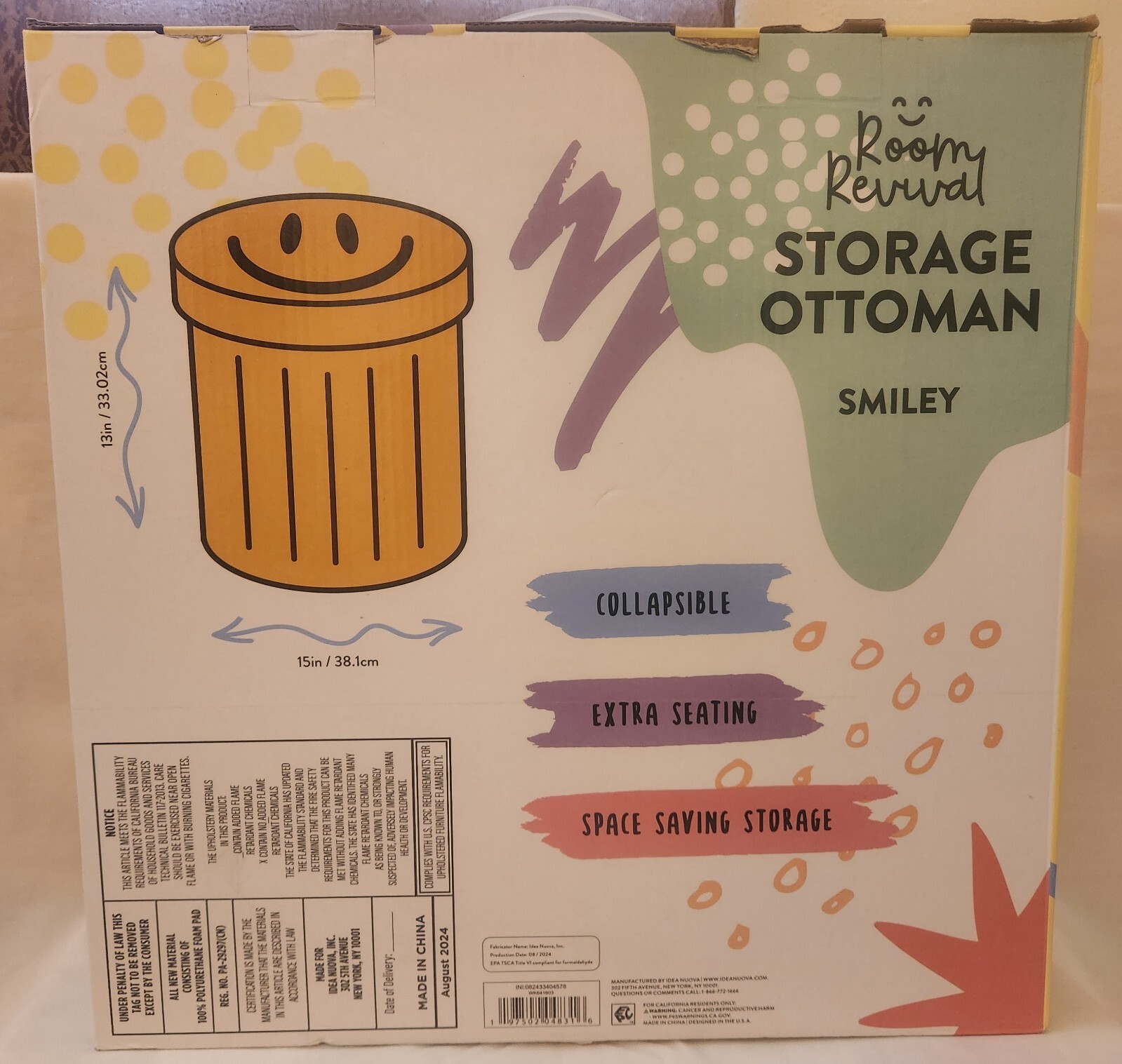 Room Revival Collapsible Yellow Smiley Face Storage Ottoman, 13" × 15", New