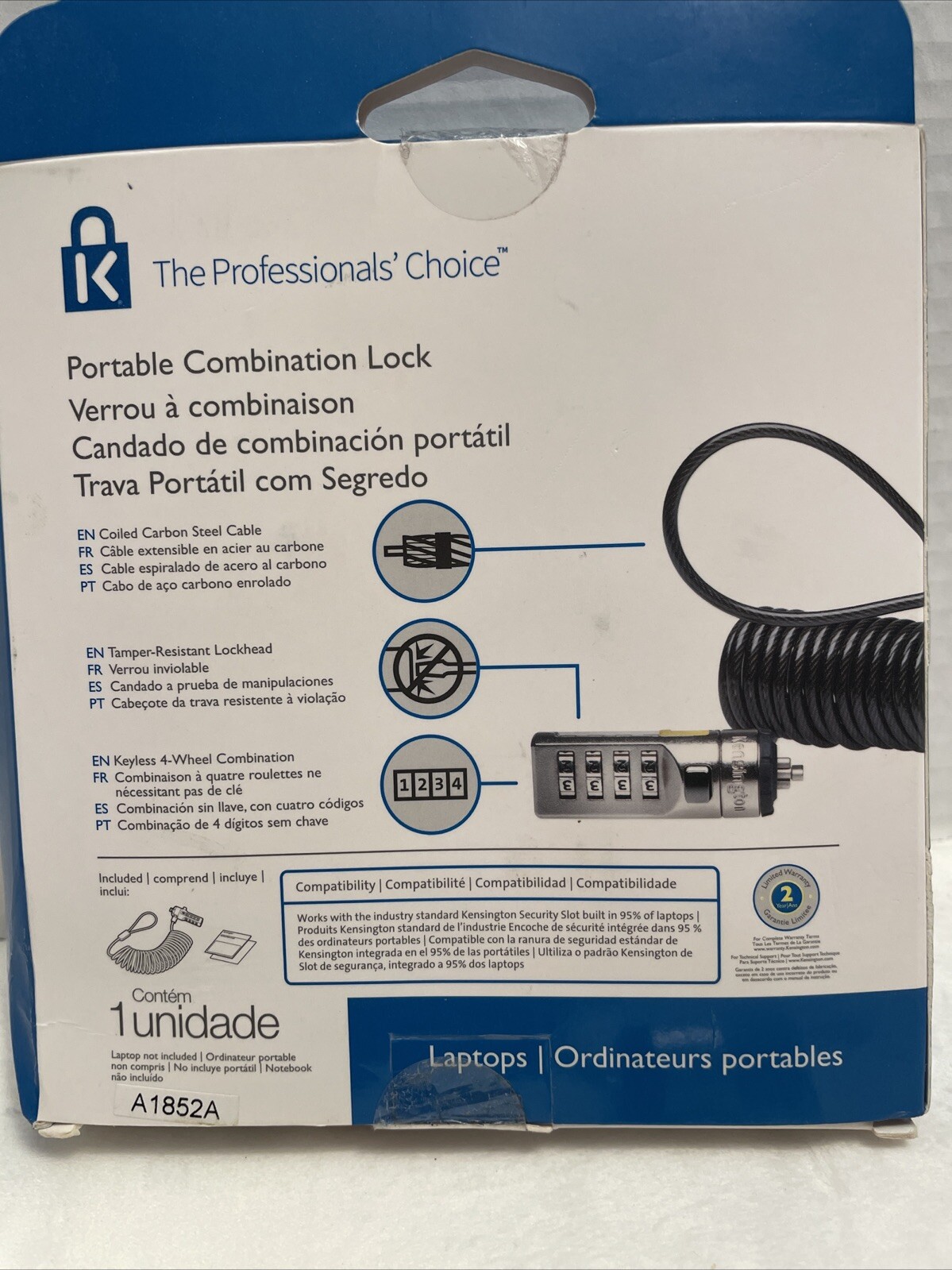 Kensington Portable Combination Lock Laptop Devices Coiled Cable