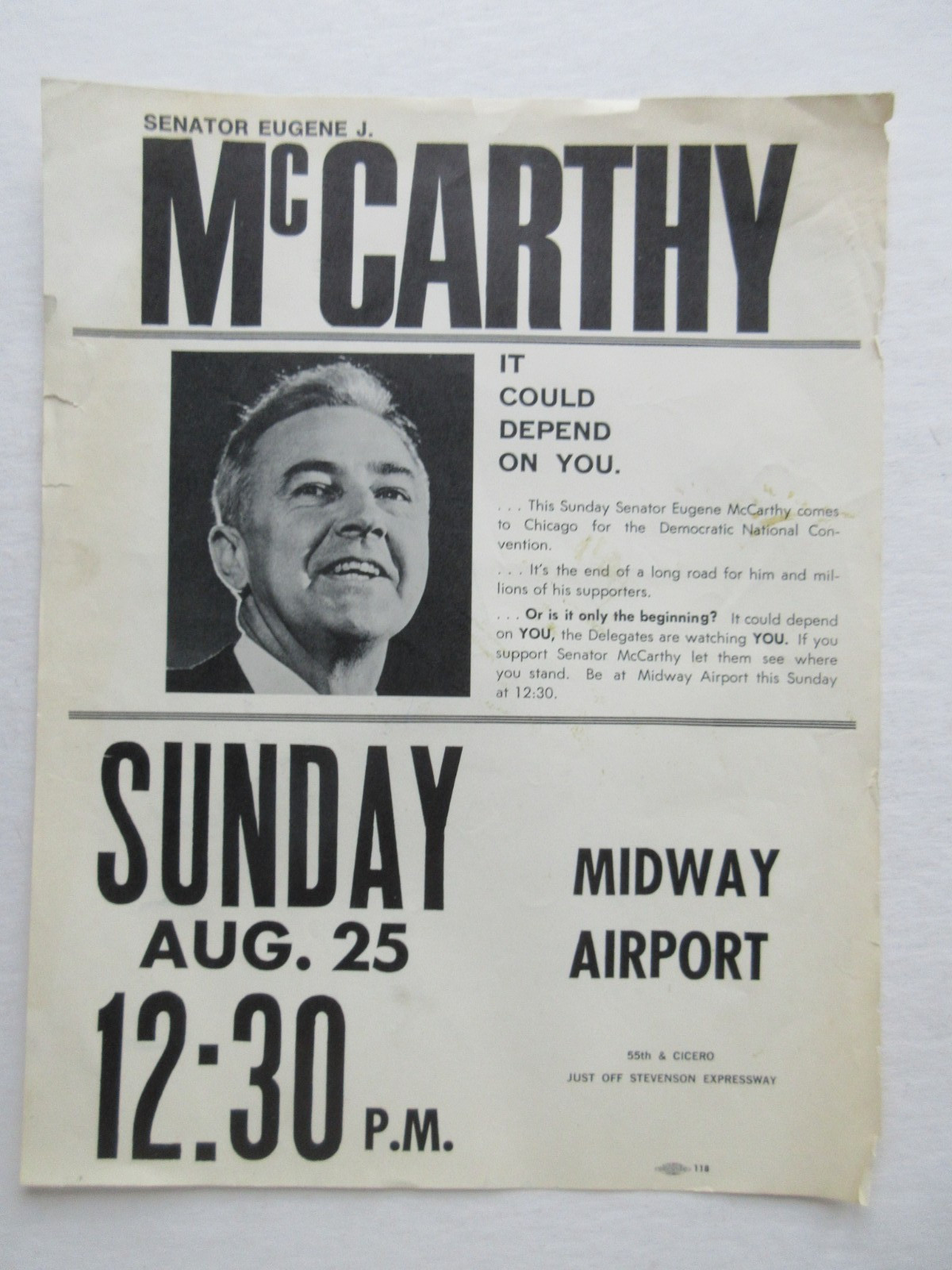 1968 Senator Eugene McCarthy for President flyer poster Midway Airport Chicago