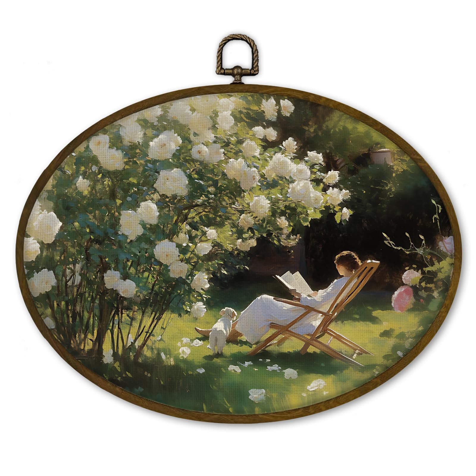 nvucamd Vintage Garden Reading Oval Wall Art Decor Framed, 11.3x8.7, women