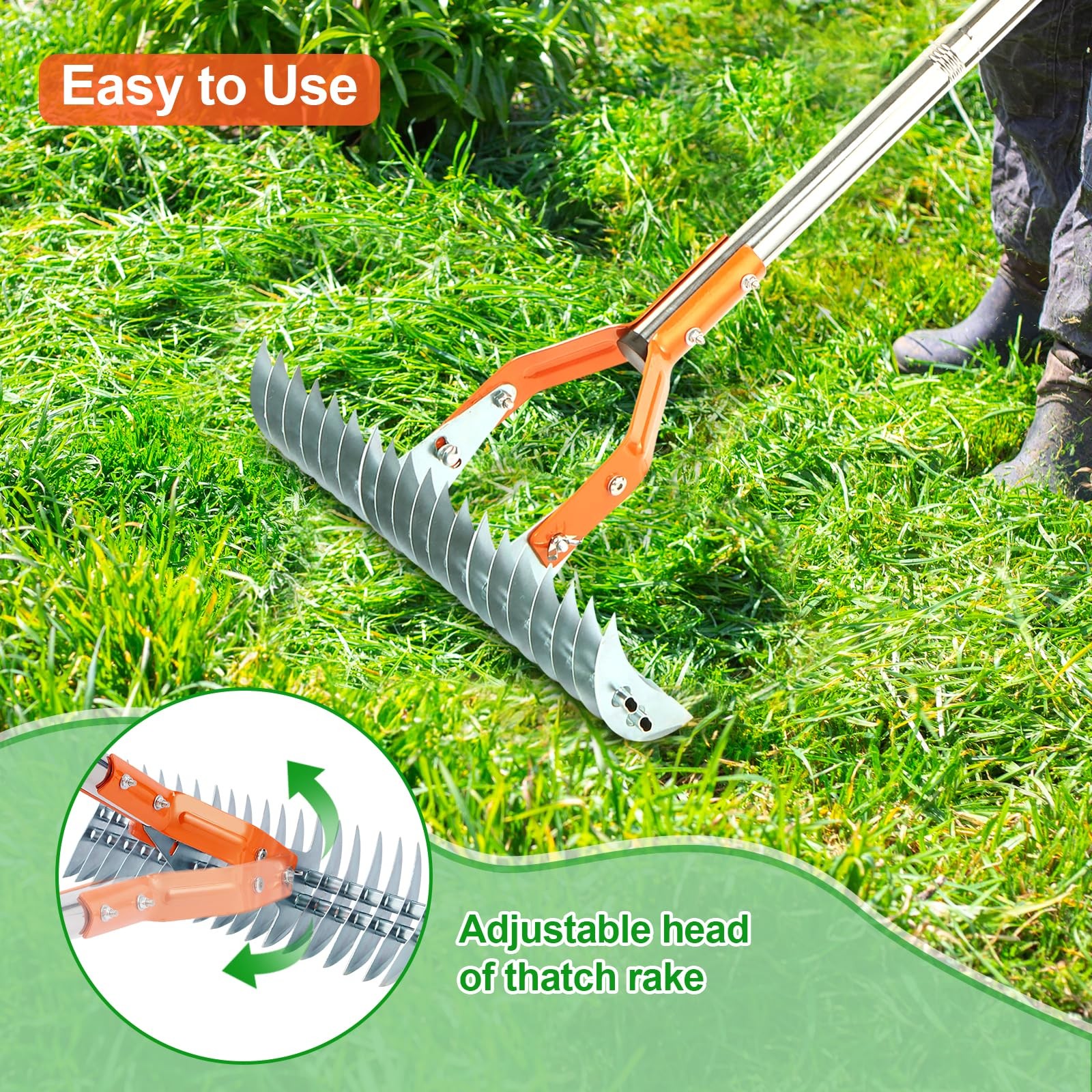 Thatch Rake, 15 Inch Lawn Thatching Rake, Heavy-Duty Dethatcher Rake with Glo...