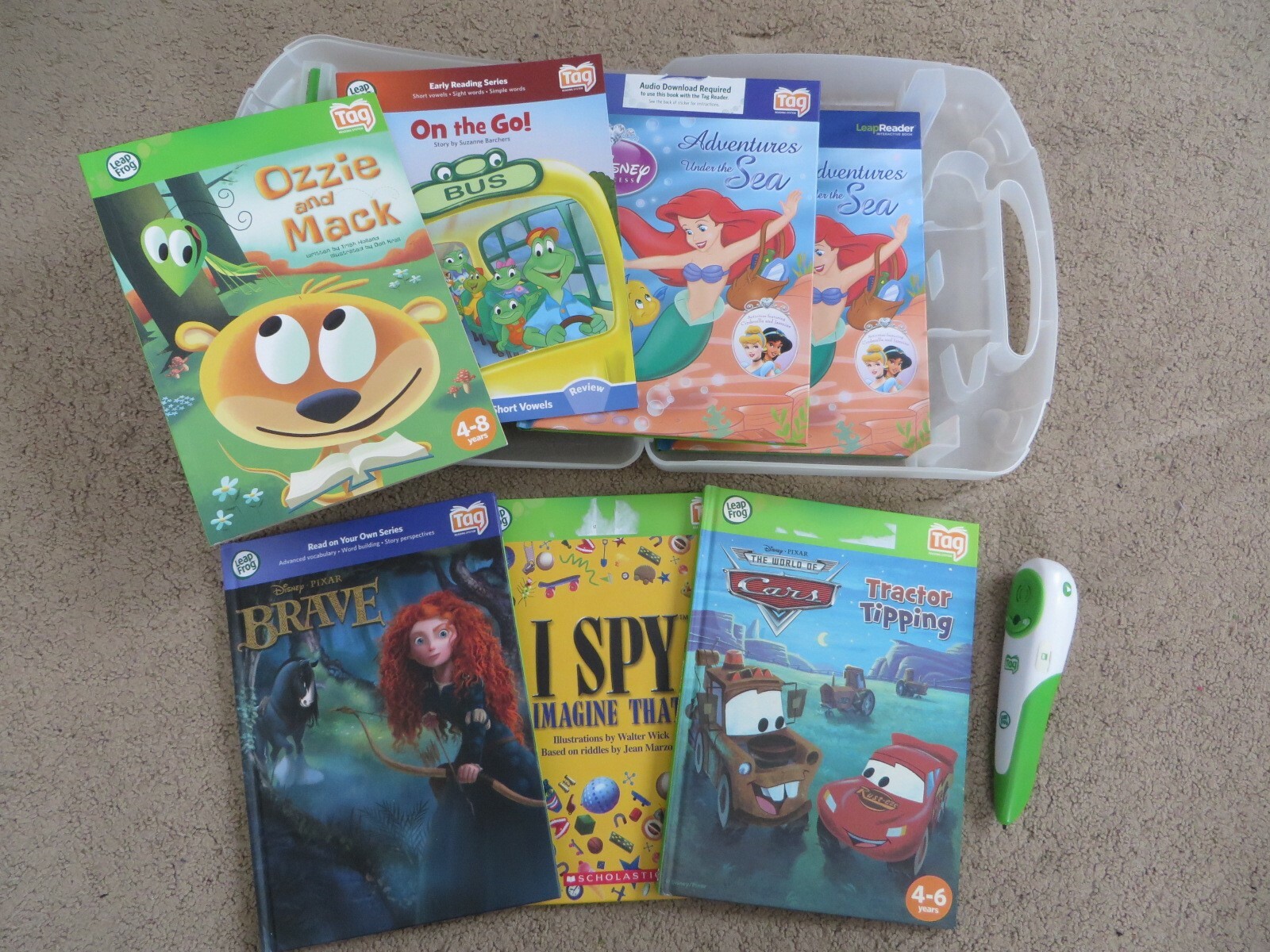 SUPER LeapFrog Tag pen, case and 7 books (Ariel,I Spy,Cars,Brave,vowels,Ozzie)