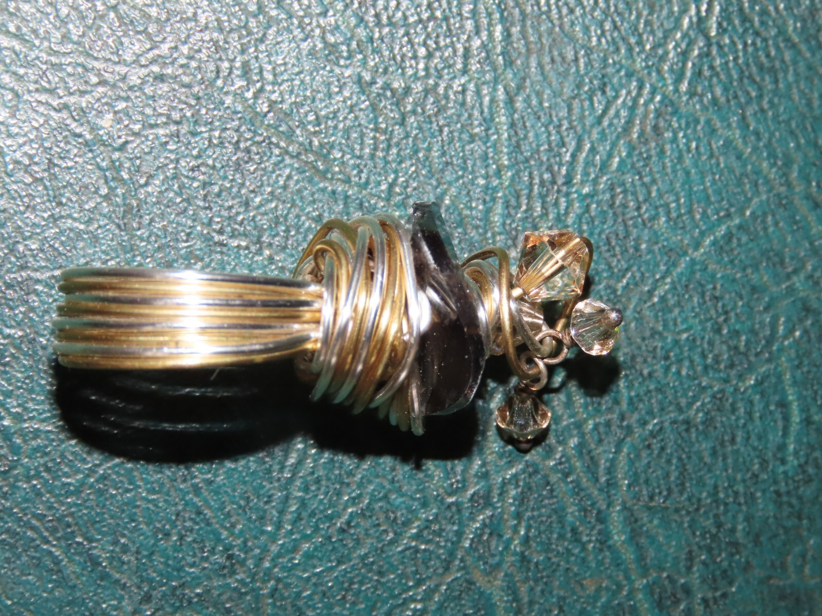 SIZE 6 WIRE WRAP ARTISAN TALL RING WITH CRYSTAL BEADS SILVER & GOLD TONE Vtg