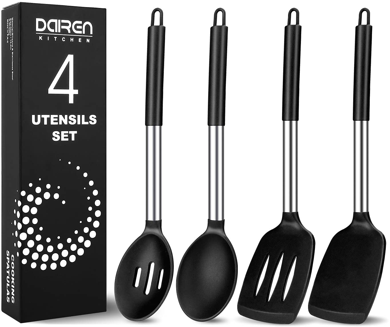 Pack of 4 Large Silicone Cooking Spatulas and Spoons, Slotted and Solid Stain...