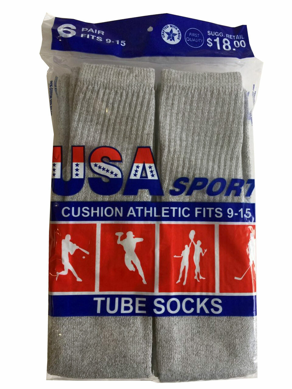 6 Paris Men's Grey Cotton Athletic Sports Tube Socks 22" Size 9-15 Made For USA