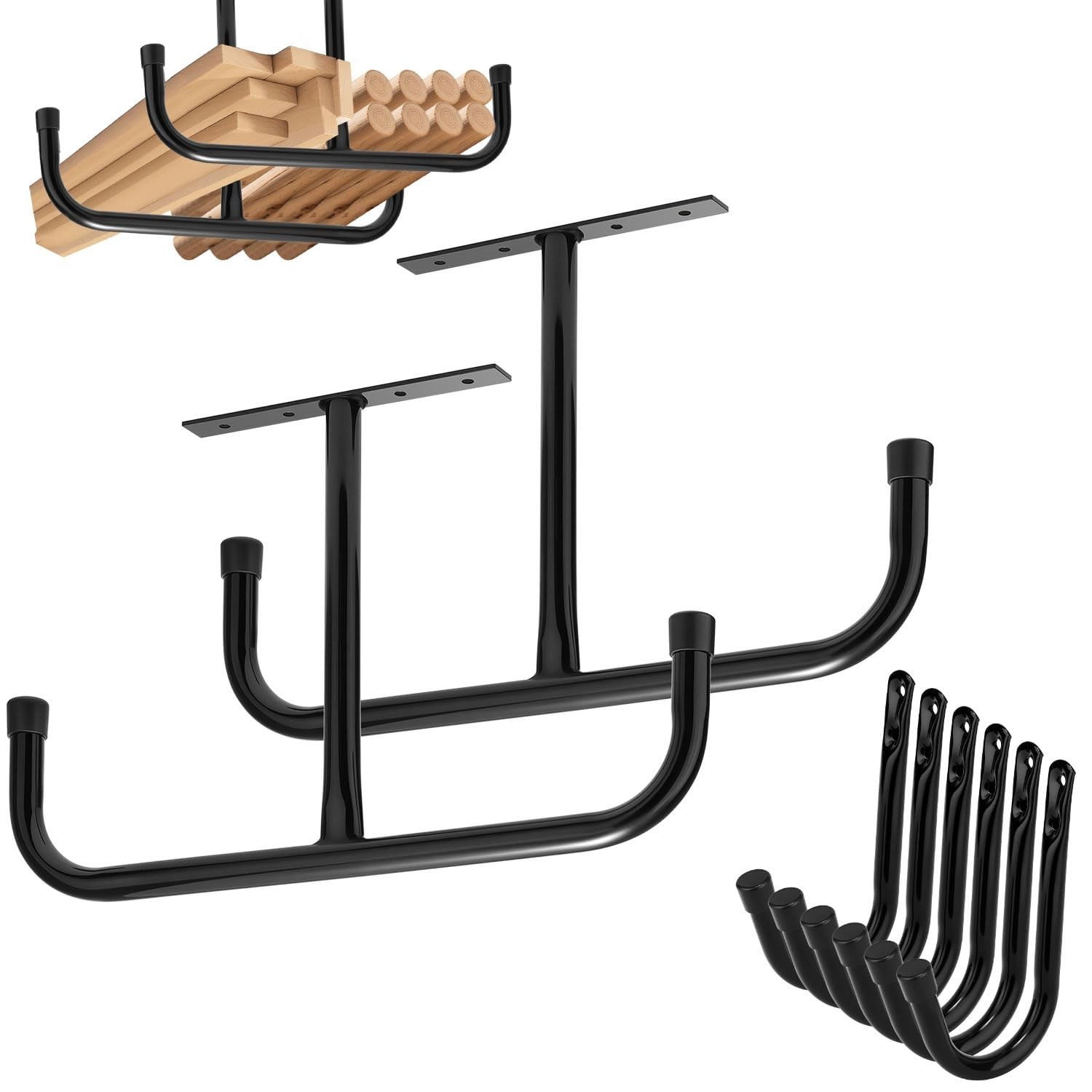 2 Pack Overhead Garage Storage Rack with 6 J Hooks, 66Lbs/Ceiling Rack & 45Lb...