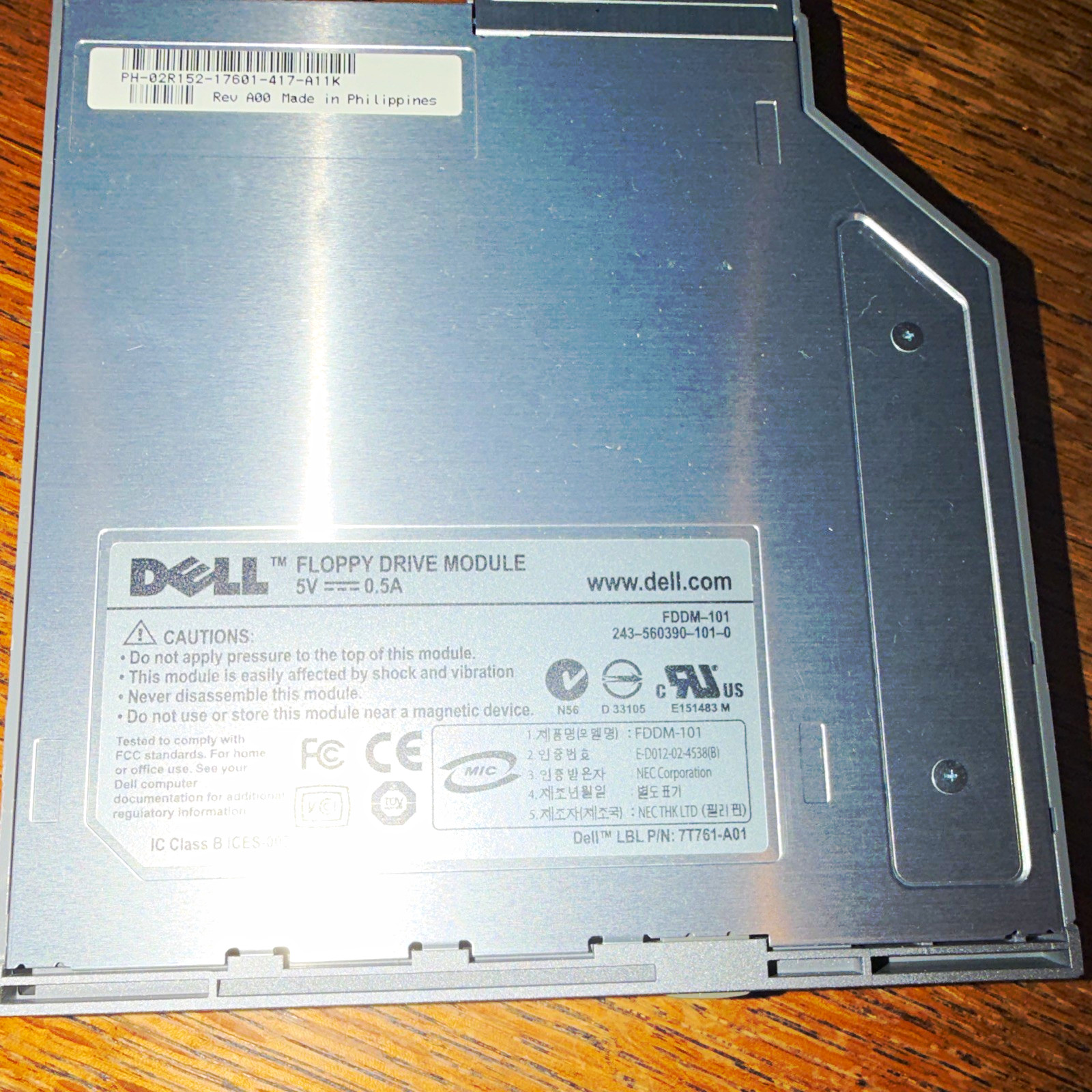Dell FDDM-101 Floppy Drive Module Laptop Removable Silver 7T761-A01 5V