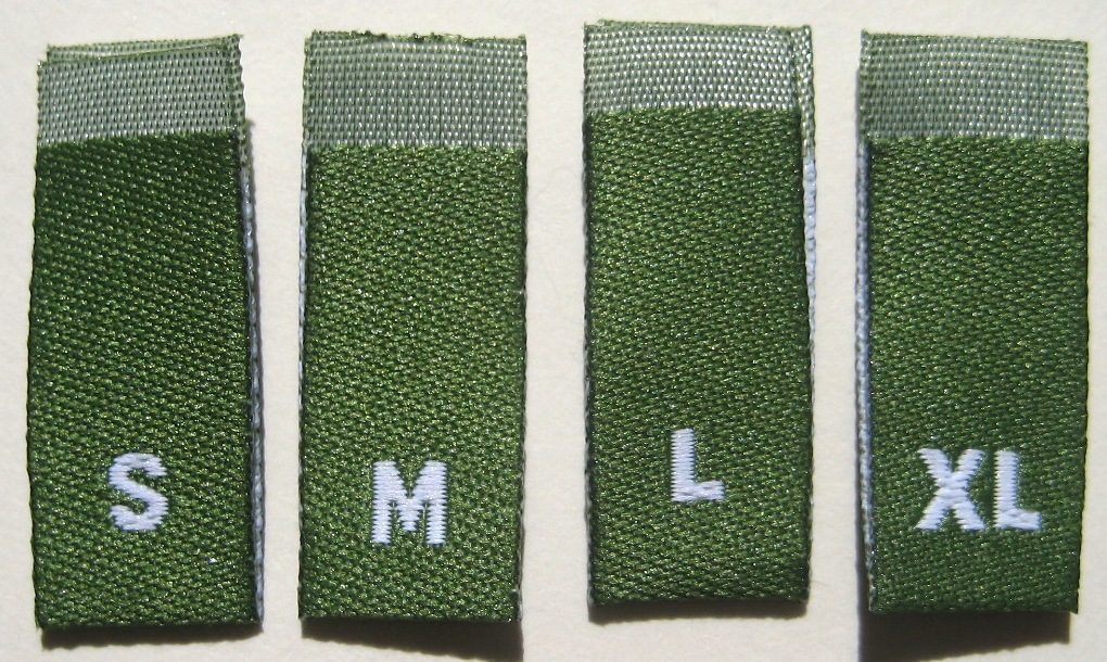 100 pcs GREEN WOVEN CLOTHING LABELS, SIZE TAGS S, M, L, XL (25 pcs each)