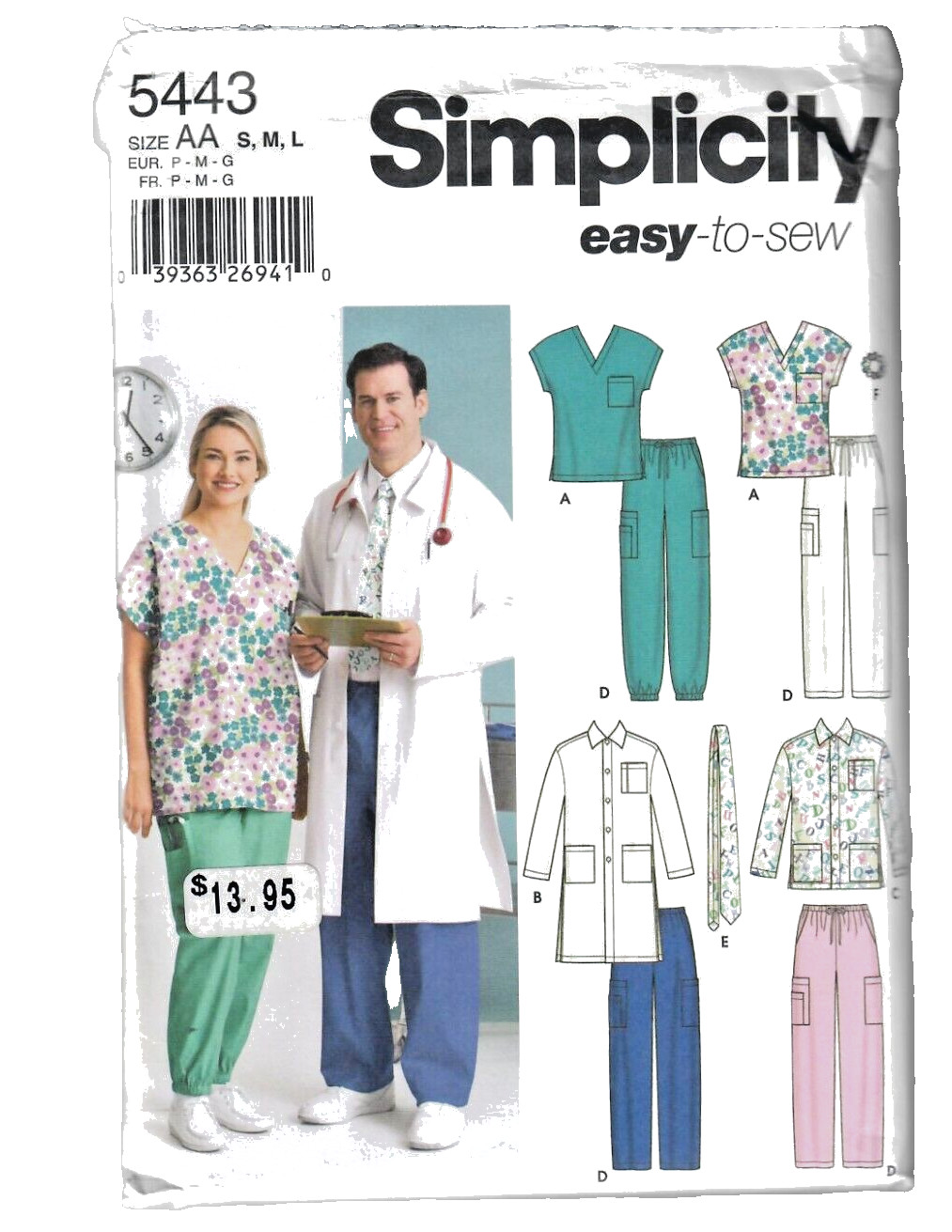 Scrubs Sewing Pattern Top Pants LAB Coat Men & Women Simplicity 5443 SZ S-M-L