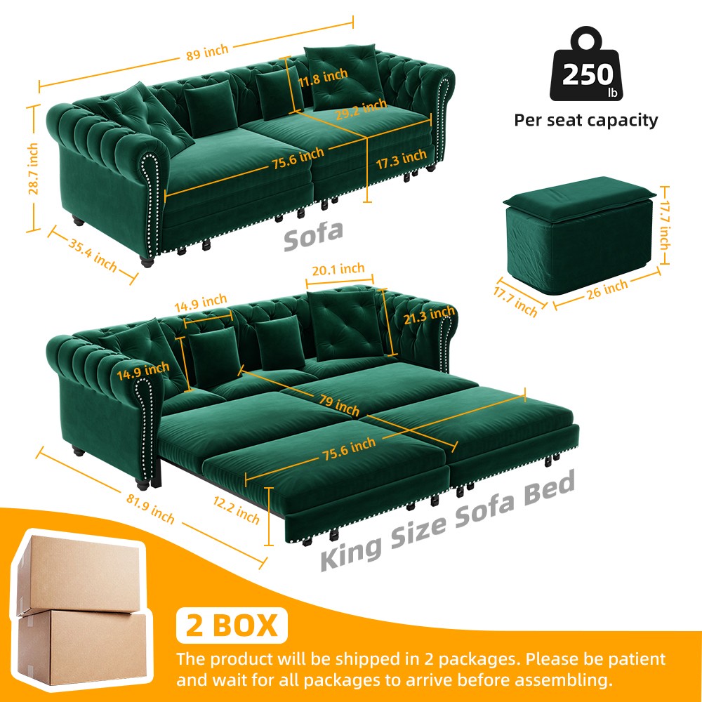 Chesterfield Sofa, 89 " W 3-in-1 Pull-Out Sofa Bed, Convertible Sleeper Sofa Bed