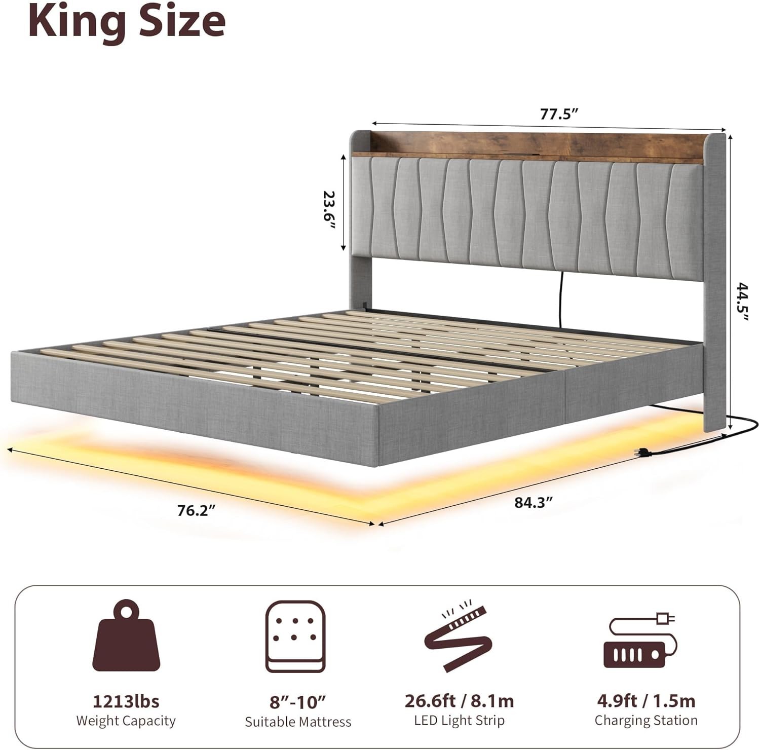 Floating Platform Bed Frame with LED Lights and Built-in Charging Station,Grey