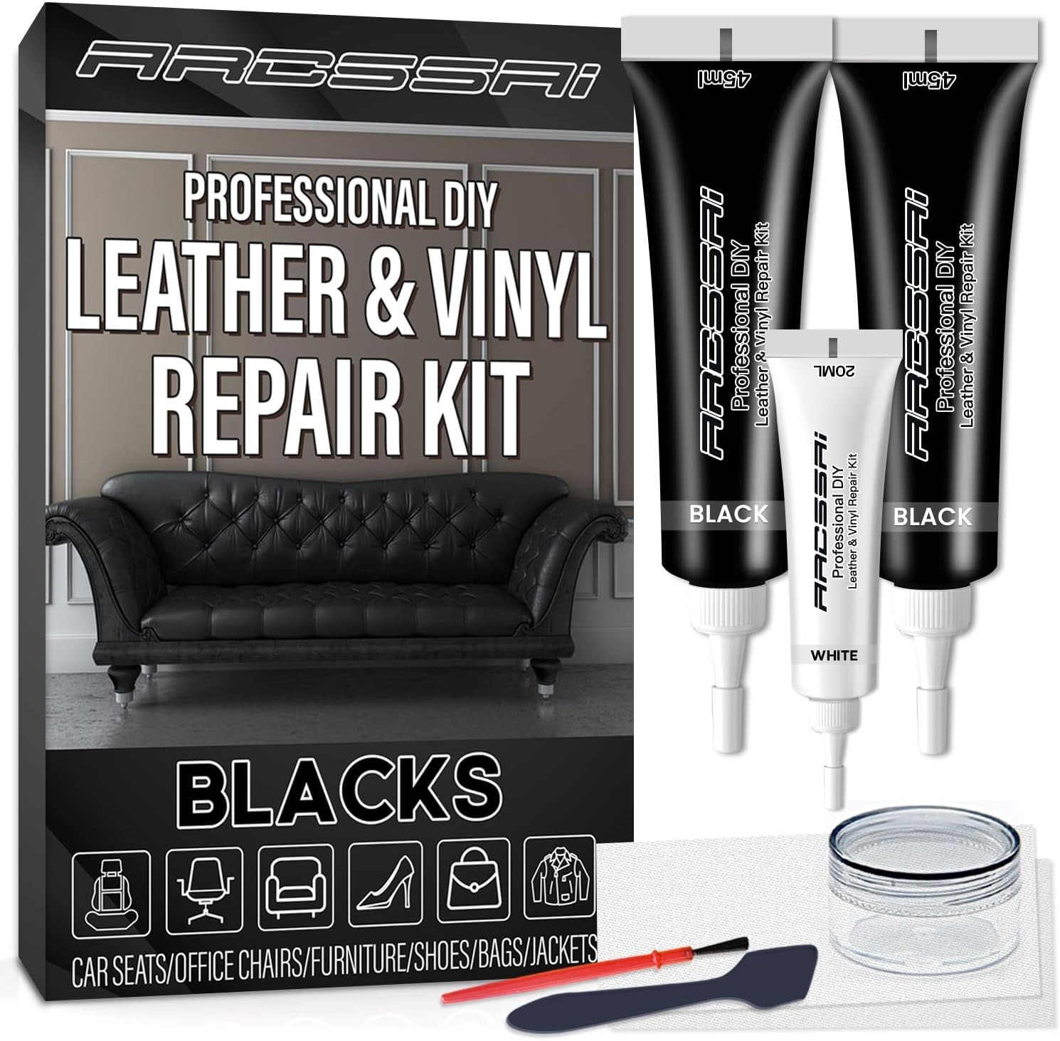 ARCSSAI Black Leather Repair Kit for Furniture, Gray & Black Car Interior, Car S