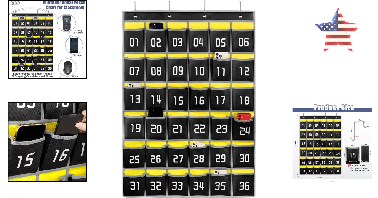 Numbered Classroom Pocket Chart - Cell Phone Holder for Students - 36 Pockets