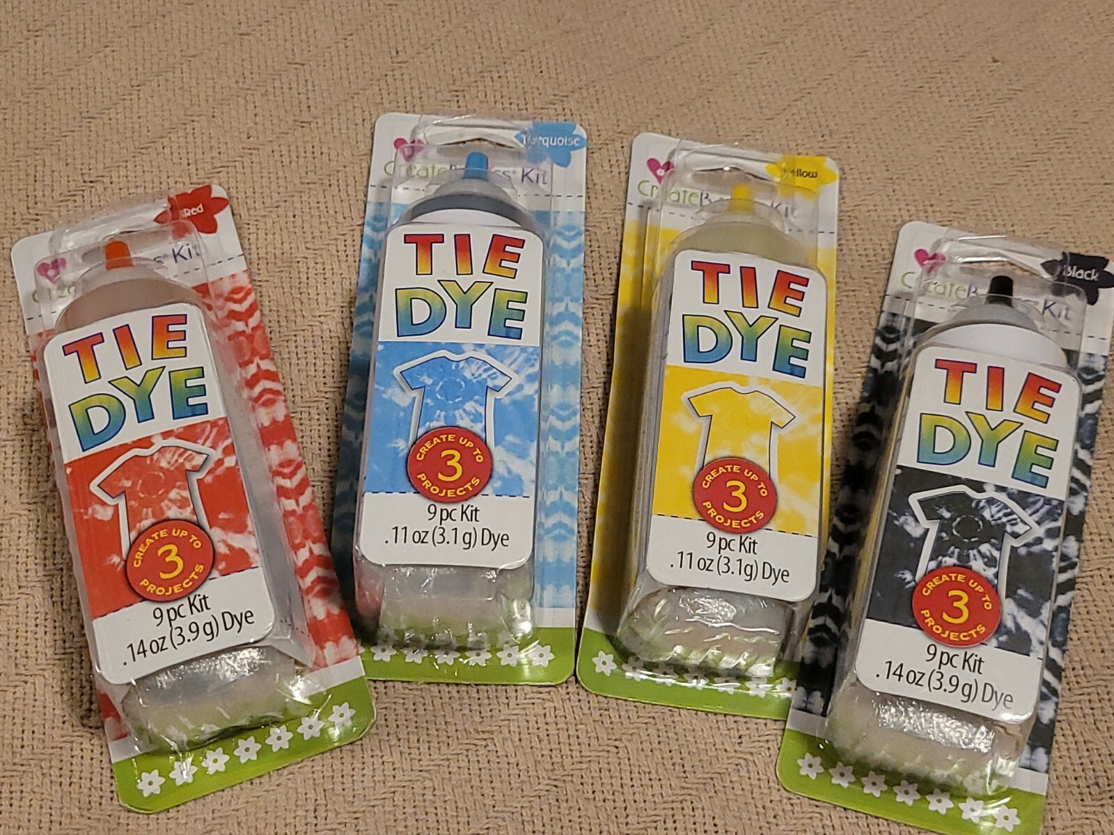 4 - New Create Basics Tie Dye Kits. Red, Turquoise, Yellow, Black. 36 Pc Kit New