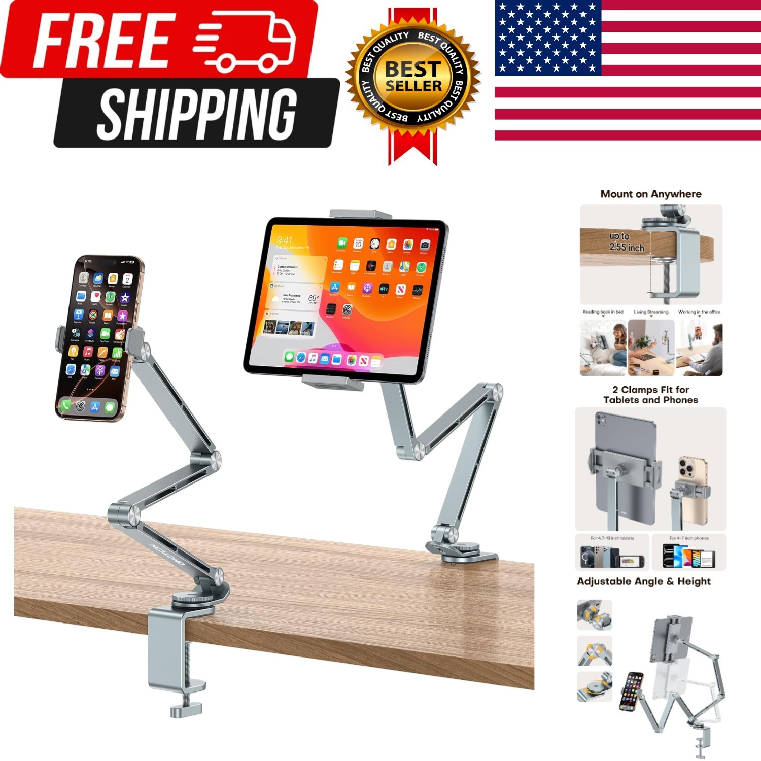 GH03 Adjustable Tablet Stand for iPad, Desk Phone Holder for Bed with 2 Clamp...