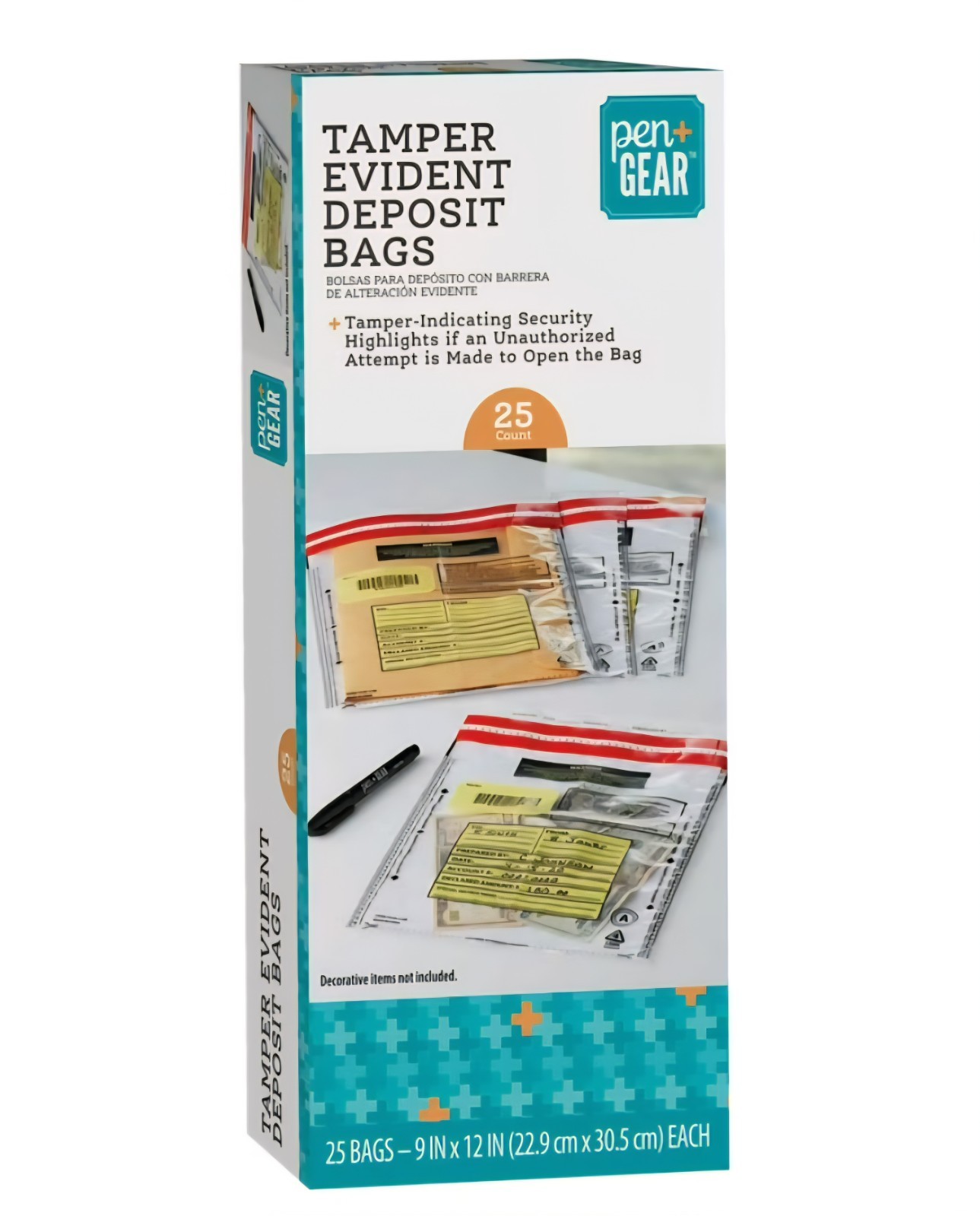 PEN+GEAR 9x12” Tamper Proof Evident Bank Deposit Bags for Cash Coins 25-Pack