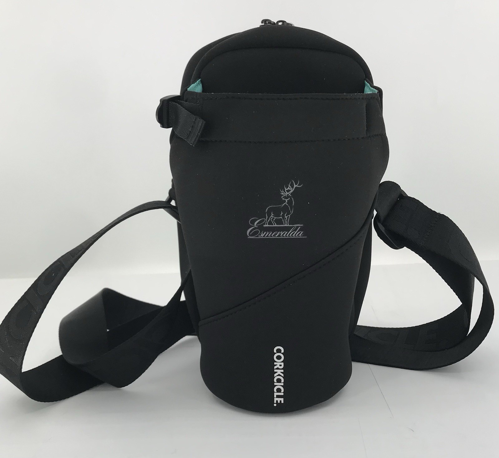 Corkcicle Crossbody Water Bottle Sling Bag Black Neoprene Esmeralda Stag