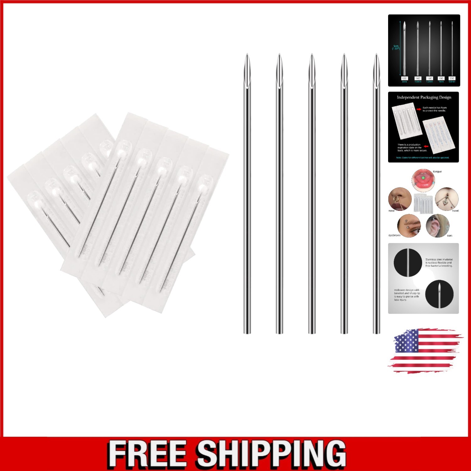 Professional 10pcs Stainless Steel Piercing Needles - 14G & 16G Sizes Available