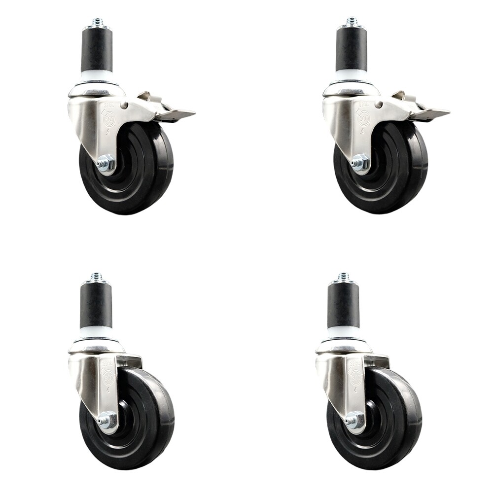4 Inch 316SS Hard Rubber Swivel 1-1/2 Inch Expanding Stem Caster Set 2 Lck Brake