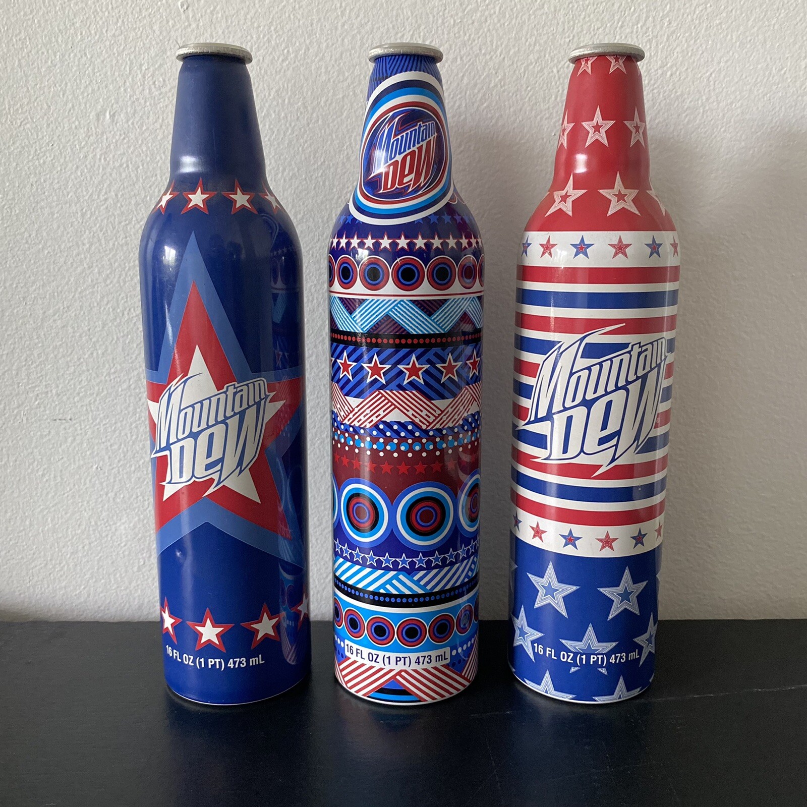 Lot Of 3 Mountain Dew Aluminum Collectors USA Themed Used Bottle 4th Of July