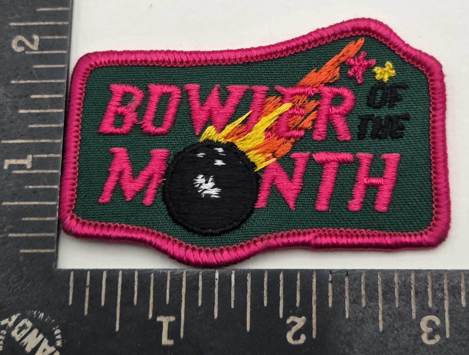 Vintage Bowler of the Month Patch Sew On Bowling Award Flaming Ball