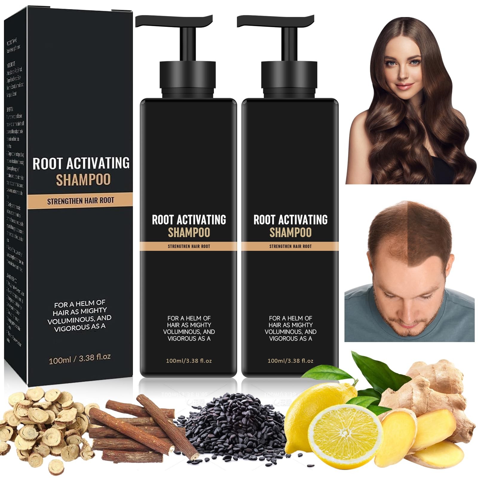 2Pcs Root Activator Shampoo - Hair Growth 3.38 Fl Oz (Pack of 2), Black