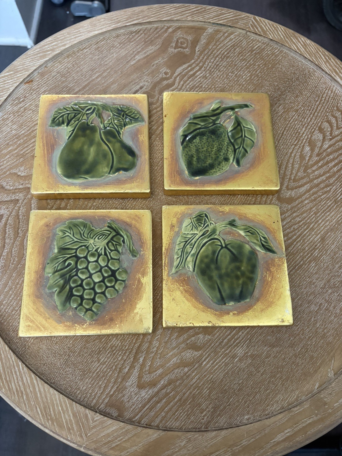 Vintage Golden Coasters w/Embossed Fruit Designs Set of 4 ceramic RARE VTG HTF