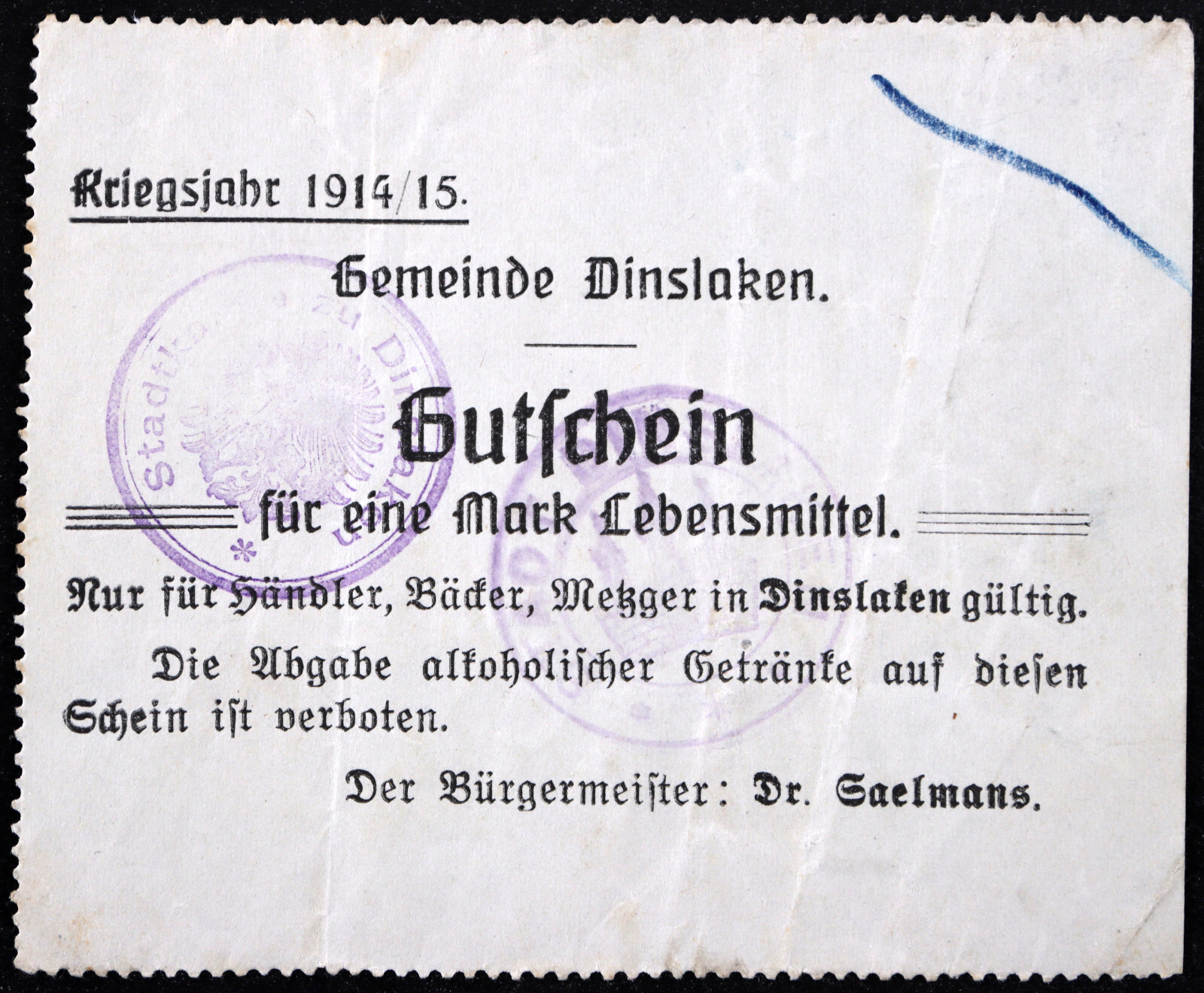 DINSLAKEN 1914/15 1 Mark Rarer Variant Early WWI German Notgeld