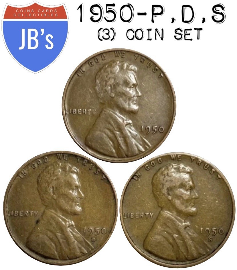 1950 P D S Lincoln Wheat Cent Penny 1c (3) Coin Set - Circulated (G/VG)