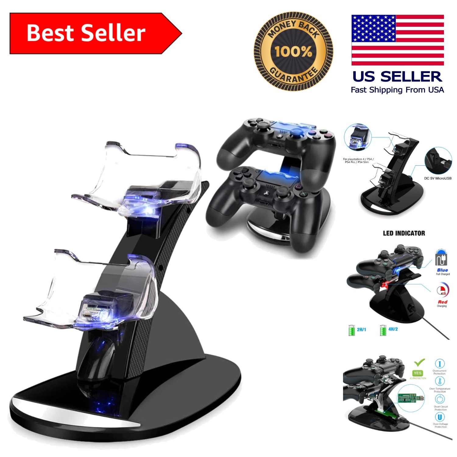 PS4 Dual Controller Charger with Short Circuit Protection - Space-Saving Design