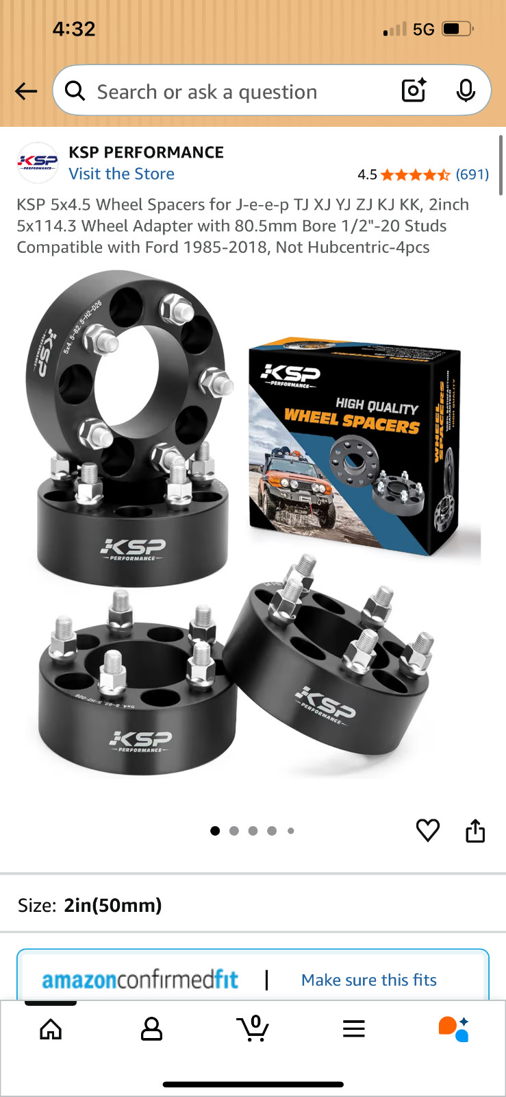 Dynofit 2 inch 5x4.5 Wheel Spacers for XJ KJ KK TJ ZJ KJ KK, 80.5mm Hub Bore