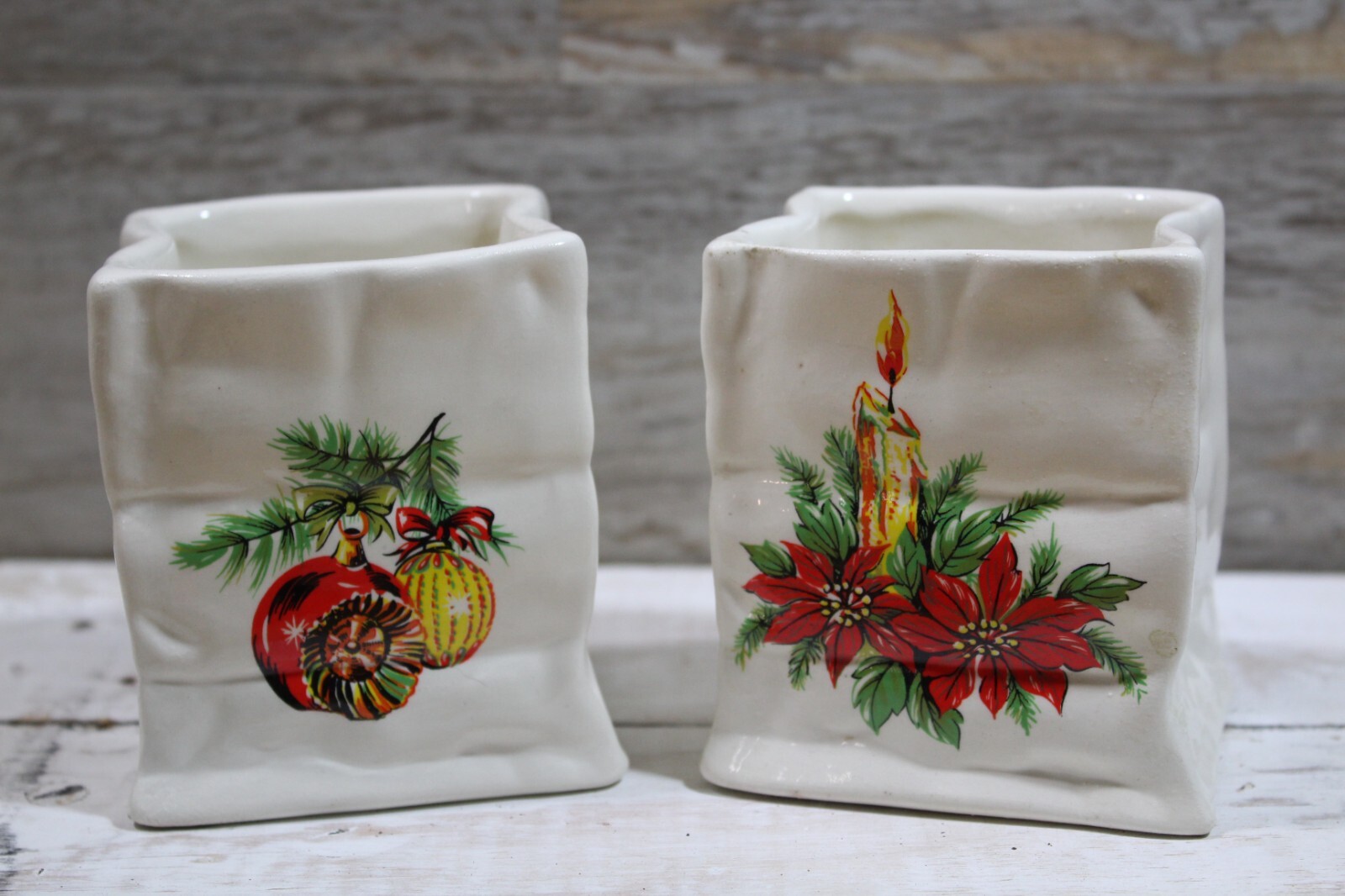 2Vtg  Painted Floral Holly Christmas Ball decor Ceramic Bag Planter 3.5T x 2in W