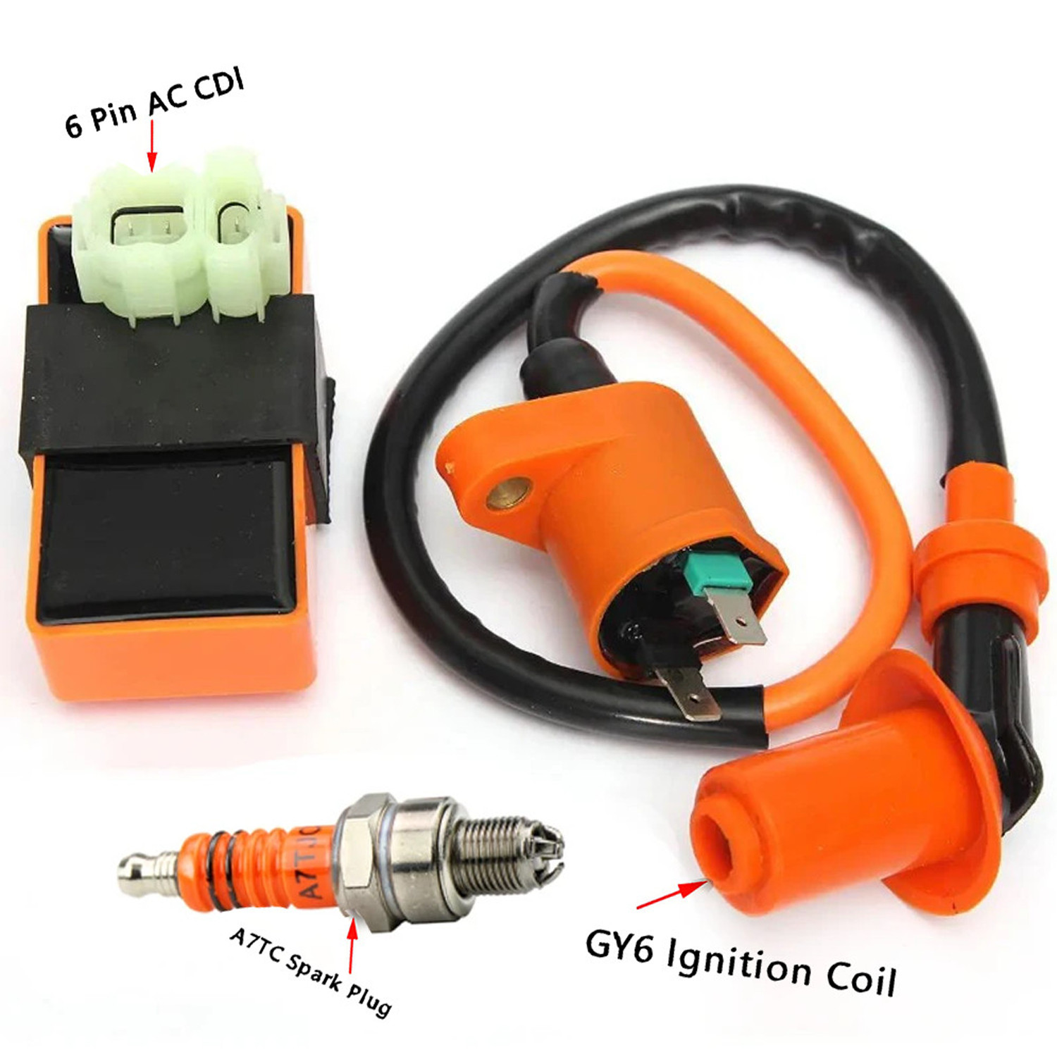 Racing 6 Pin AC CDI Box Ignition Coil A7TJC Spark Plug GY6 50-150cc Scooter ATV