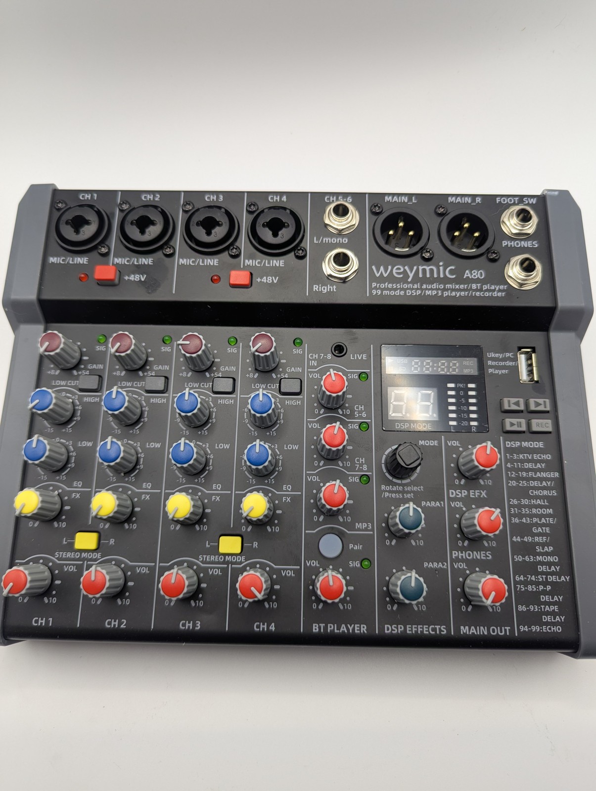 Weymic A80 8-Ch Professional Audio Mixer BT 99 DSP Effects USB XLR 48V