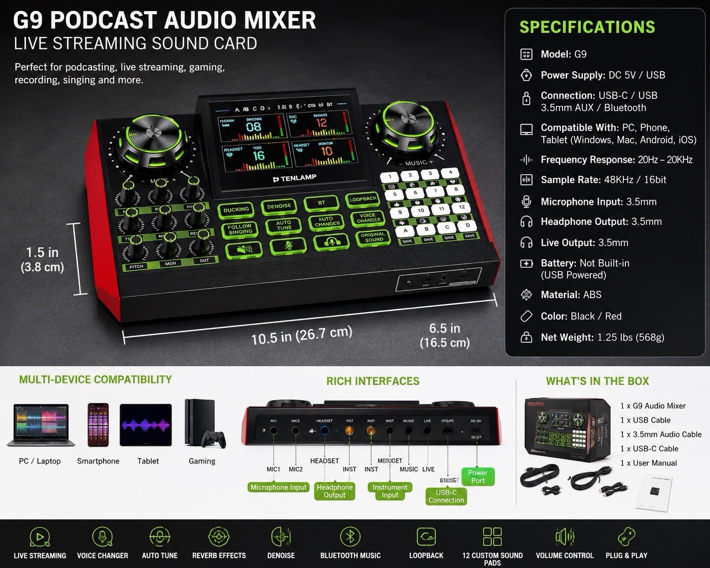 G9 Podcast Audio Mixer Live Sound Card USB Interface for PC Phone Streaming.
