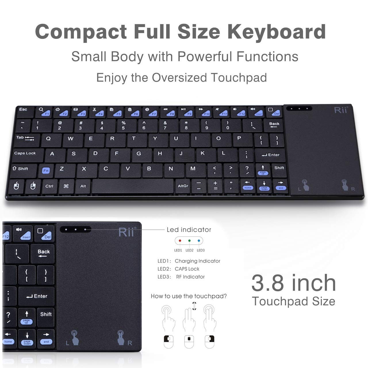 Rii K12+ Mini Wireless Keyboard with Large Touchpad Mouse&Qwerty Black