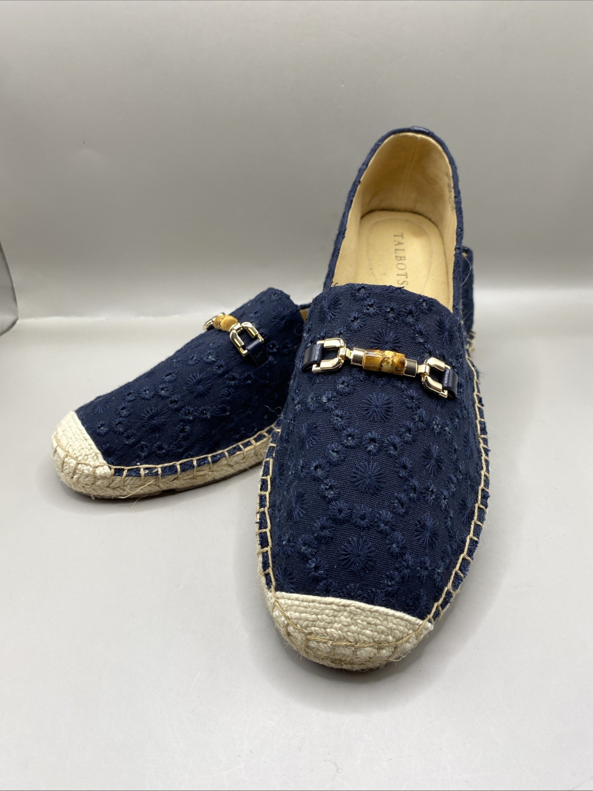 SZ 10M NWOT Talbots Izzy Espadrilles Flats Shoes Blue Eyelet Lace Navy Jute