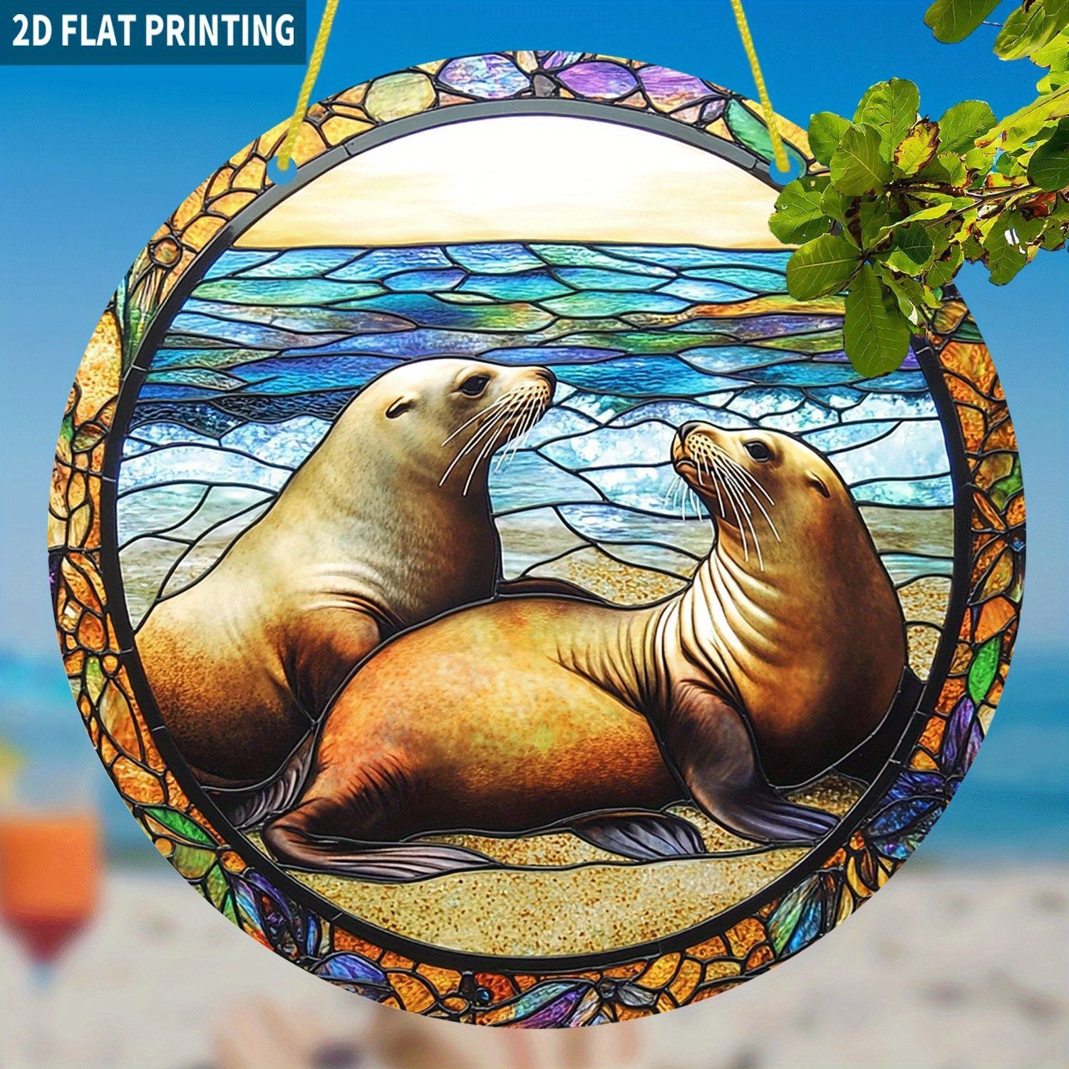 Cute Pair Of Sea Lions Beach Ocean Sunset Acrylic Suncatcher Window Decoration